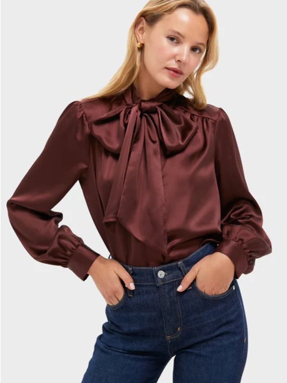 Tuckernuck Chocolate/Wine colored Satin Tie-Neck Blouse
